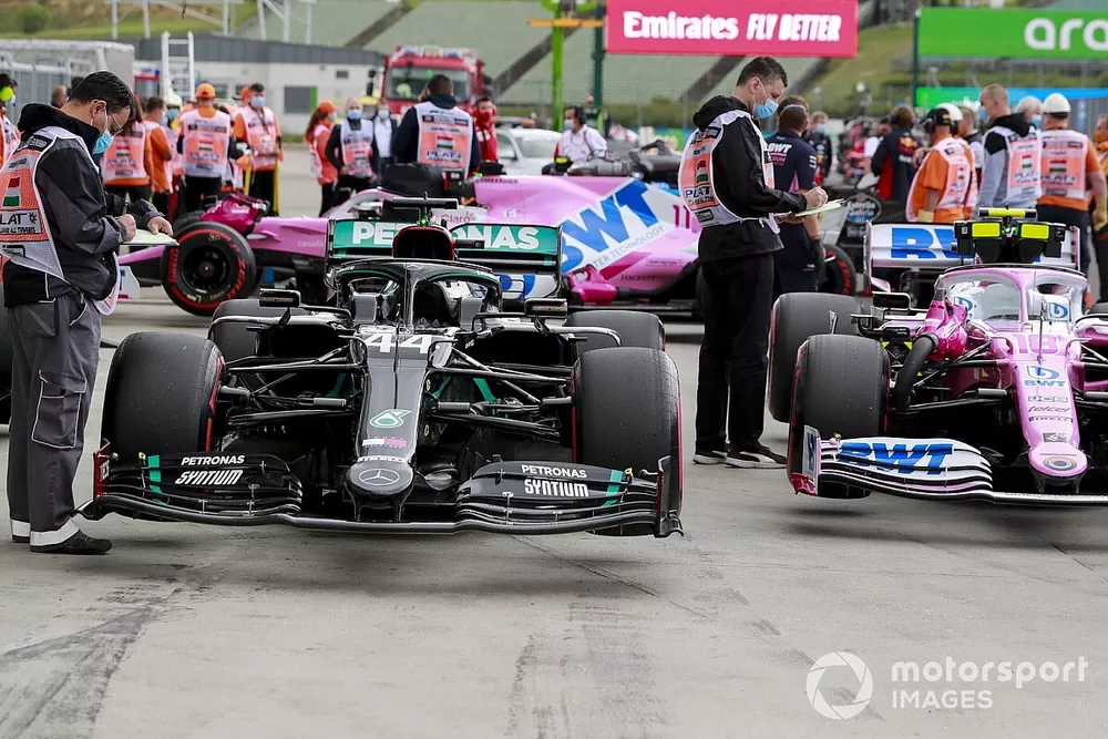 The cars of Lewis Hamilton, Mercedes F1 W11, and Lance Stroll, Racing Point RP20, in Parc Ferme after Qualifying