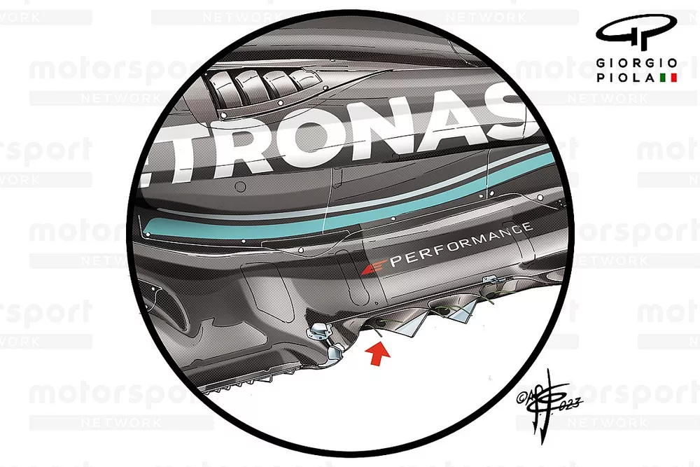 Detalle del suelo del Mercedes W14, GP de Estados Unidos