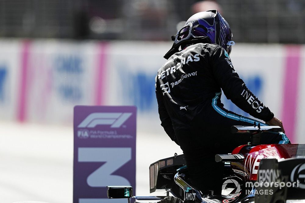 Lewis Hamilton, Mercedes, arrives in Parc Ferme after Qualifying