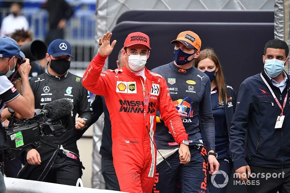 Pole man Charles Leclerc, Ferrari, and Max Verstappen, Red Bull Racing, in Parc Ferme