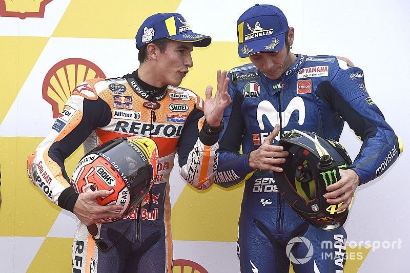 Pole sitter Marc Marquez, Repsol Honda Team, third place Valentino Rossi, Yamaha Factory Racing