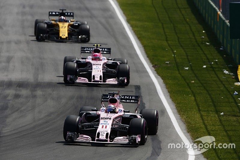 Sergio Perez, Sahara Force India F1 VJM10, Esteban Ocon, Sahara Force India F1 VJM10 and Nico Hulkenberg, Renault Sport F1 Team RS17