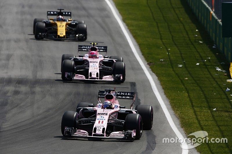 Sergio Perez, Sahara Force India F1 VJM10, Esteban Ocon, Sahara Force India F1 VJM10 y Nico Hulkenbe