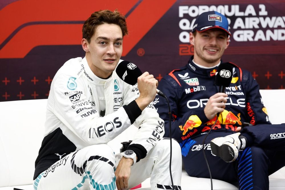 George Russell, Mercedes-AMG F1 Team, pole man Max Verstappen, Red Bull Racing, in the the post qualifying press conference