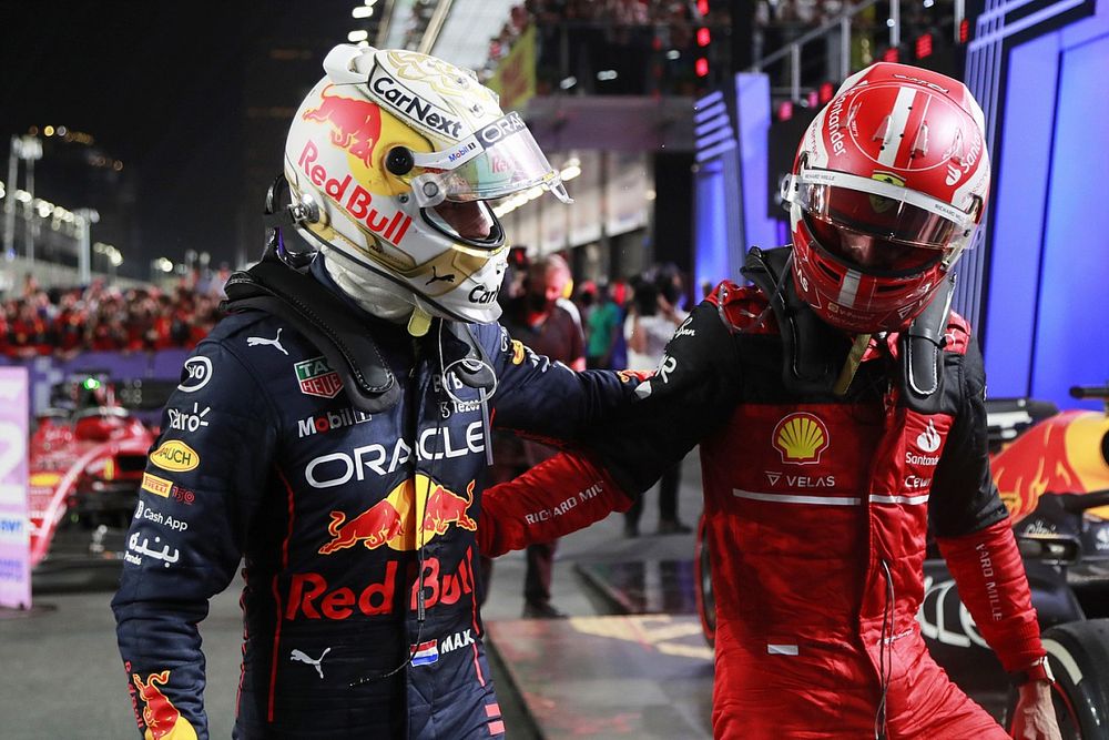 Max Verstappen, Red Bull Racing, 1st position, Charles Leclerc, Ferrari, 2nd position, congratulate each other in Parc Ferme