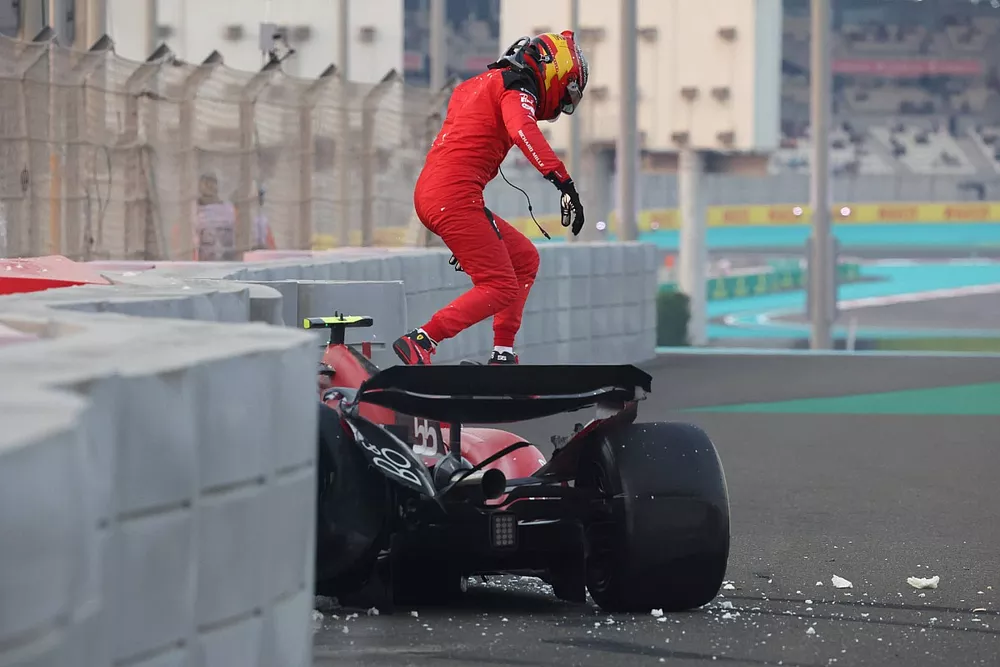 Carlos Sainz, Ferrari SF-23, climbs out of his car after crashing in FP2