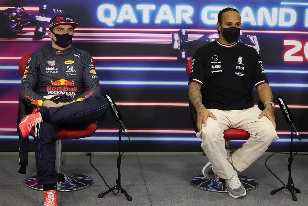 Max Verstappen, Red Bull Racing, and pole man Lewis Hamilton, Mercedes, in the Post Qualifying Press Conference