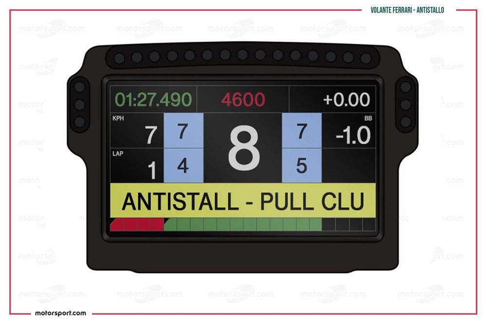 Procedimiento anticalado en el volante de Ferrari que indica que hay que apretar el embrague