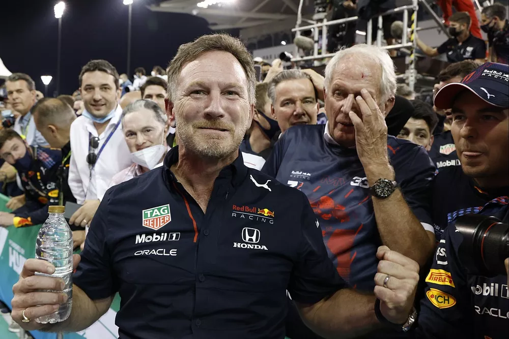 Christian Horner, Team Principal, Red Bull Racing, celebrates with his team in Parc Ferme