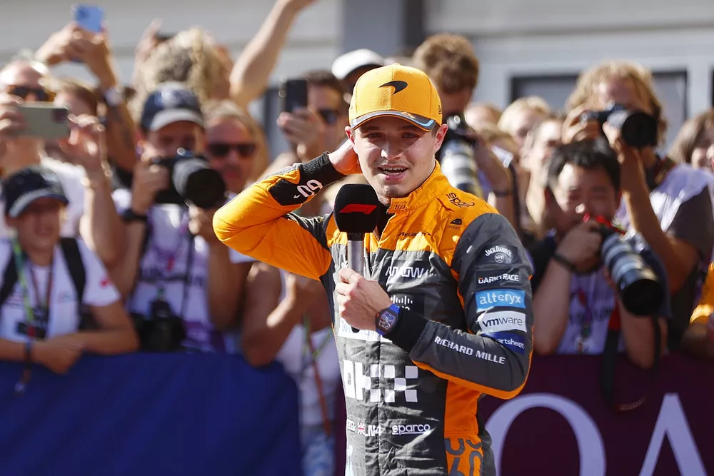 Lando Norris, McLaren, 2nd position, is interviewed in Parc Ferme