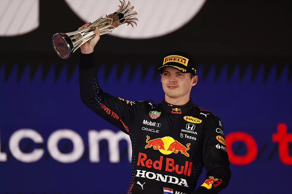 Max Verstappen, Red Bull Racing, 2nd position, lifts his trophy