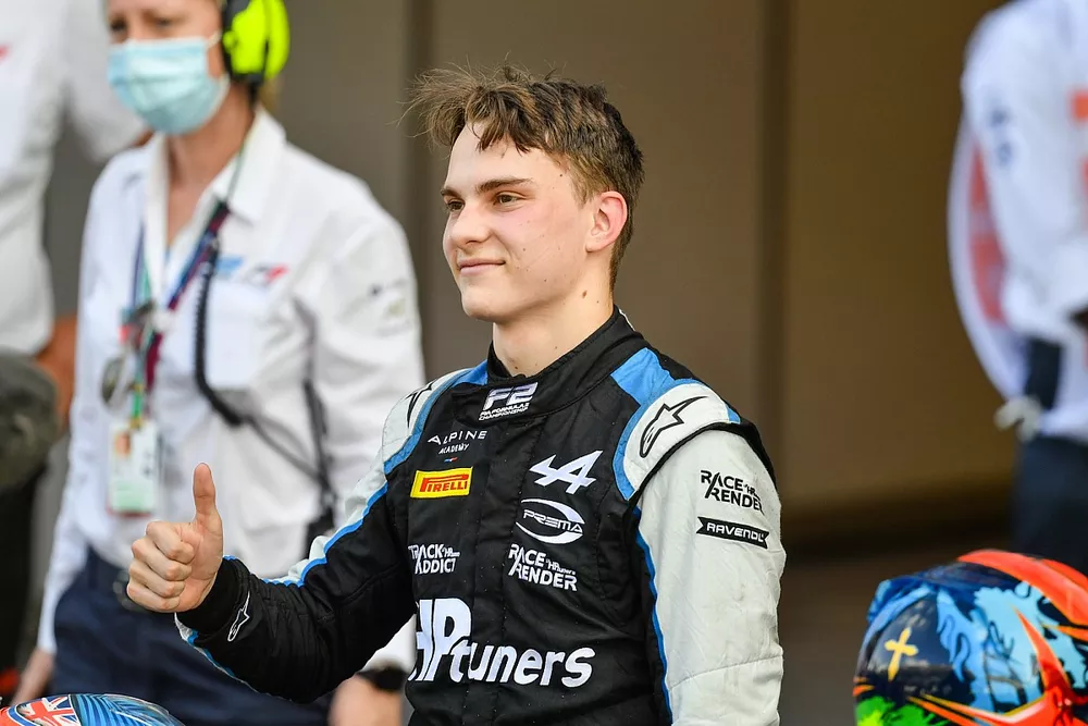 Oscar Piastri, Prema Racing celebrates victory in parc ferme