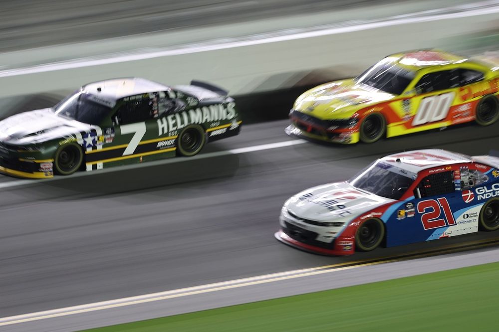 Justin Allgaier, JR Motorsports Chevrolet; Austin Hill, Richard Childress Racing Chevrolet; Sheldon Creed, Haas Factory Team Ford