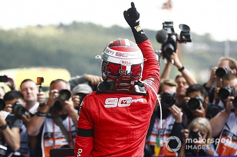 Charles Leclerc, Ferrari, celebrates victory in parc ferme