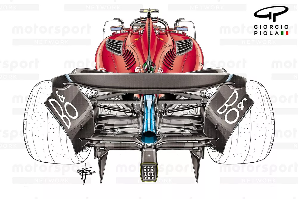 Il retrotreno della Ferrari SF-23 al GP dell'Azerbaigian