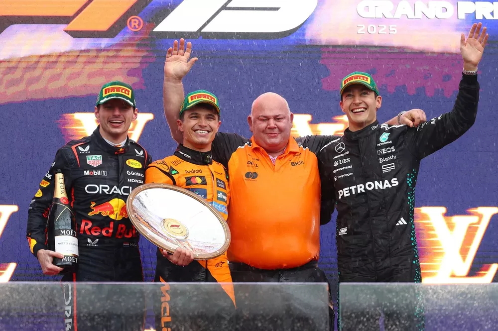 Podium: Max Verstappen, Red Bull Racing, Lando Norris, McLaren, George Russell, Mercedes