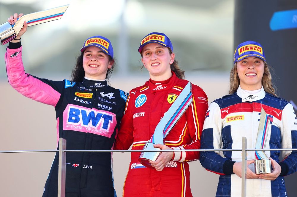 Race winner Maya Weug,  PREMA Racing, second place Abbi Pulling, Rodin Motorsport, third place Nerea Marti, Campos Racing celebrate on the podium