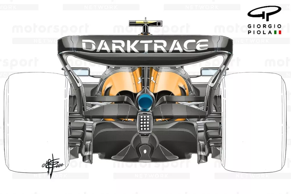 Detalles del aler&oacute;n trasero del McLaren MCL38 