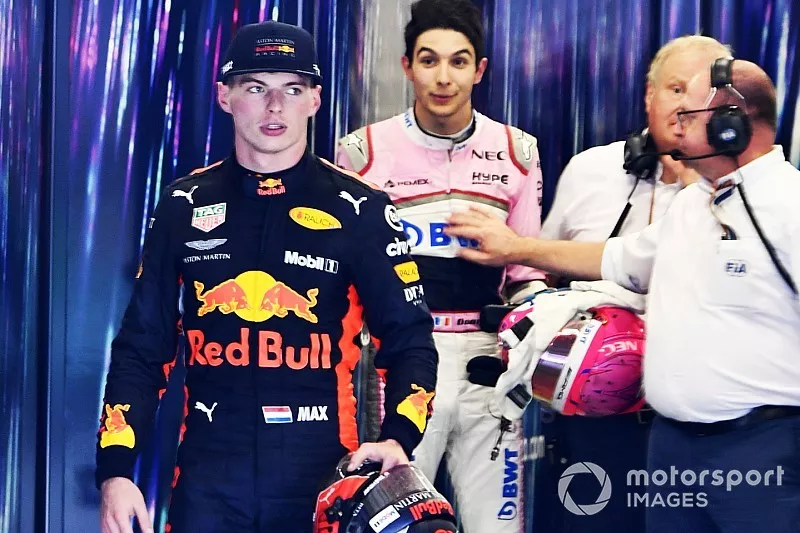 Max Verstappen, Red Bull Racing en Esteban Ocon, Racing Point Force India opstootje