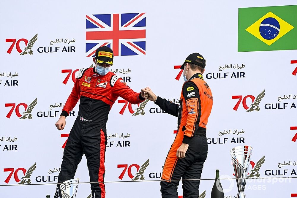 Callum Ilott, UNI-Virtuosi and Race winner Felipe Drugovich, MP Motorsport celebrate on the podium