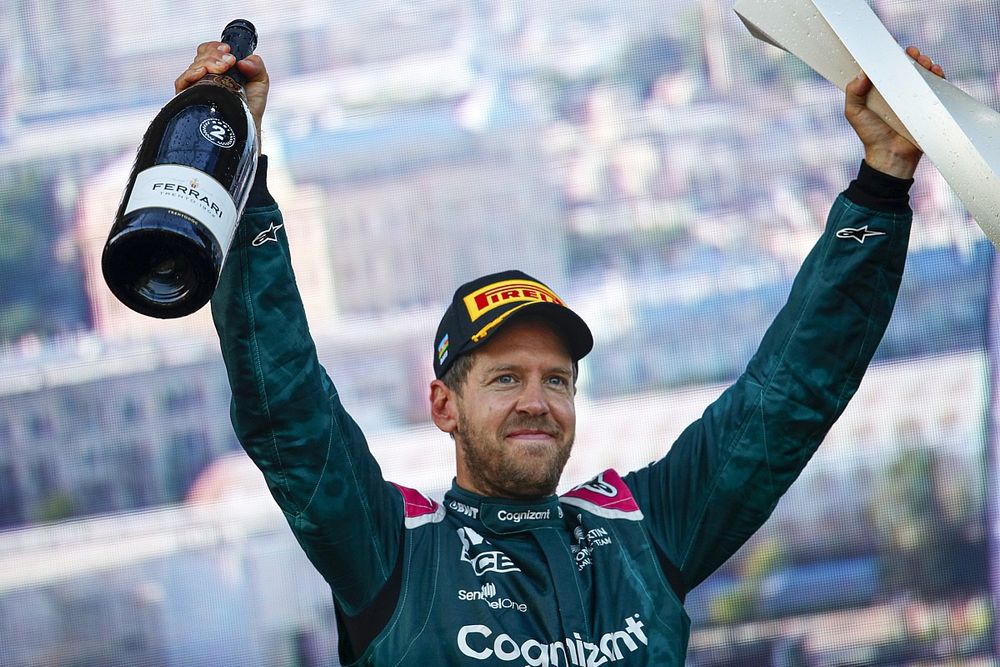 Sebastian Vettel, Aston Martin, 2nd position, celebrates on the podium