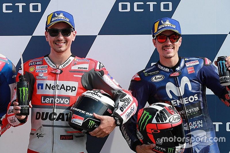 Ganador de la pole Jorge Lorenzo, equipo Ducati, segundo lugar Jack Miller, Pramac Racing, tercer lugar Maverick Viñales, Yamaha Factory Racing