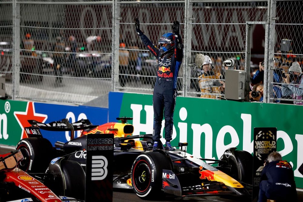 Max Verstappen, Red Bull Racing, celebrates in Parc Ferme after securing the drivers title