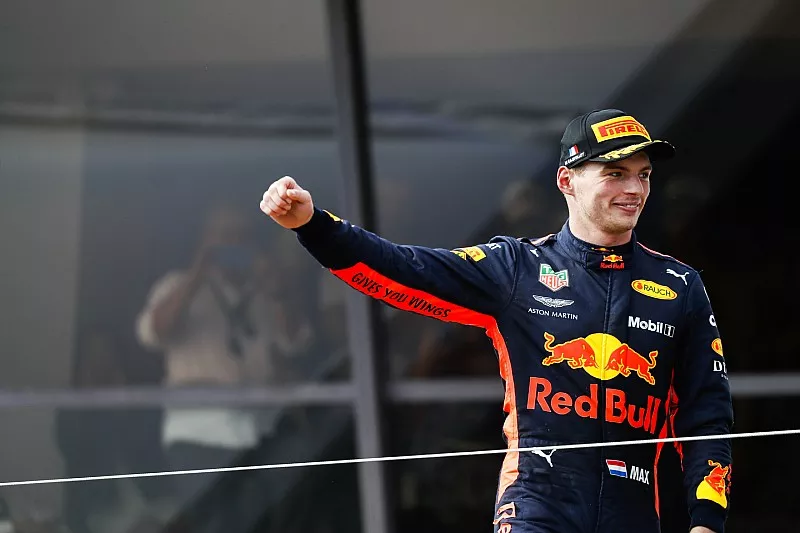 Max Verstappen, Red Bull Racing, 2nd position, arrives on the podium