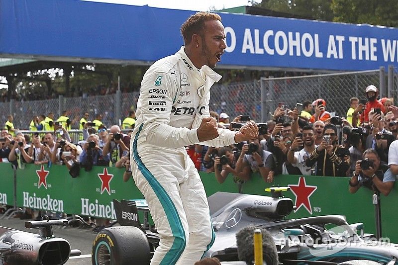 Lewis Hamilton, Mercedes AMG F1 celebrates in parc ferme at the at Formula One World Championship, Rd14, Italian Grand Prix, Race, Monza, Italy, Sunday 2 September 2018.