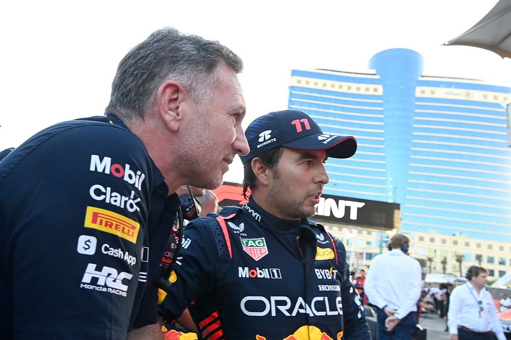 Christian Horner, Team Principal, Red Bull Racing, and Sergio Perez, Red Bull Racing, 1st position, in Parc Ferme after the Sprint race