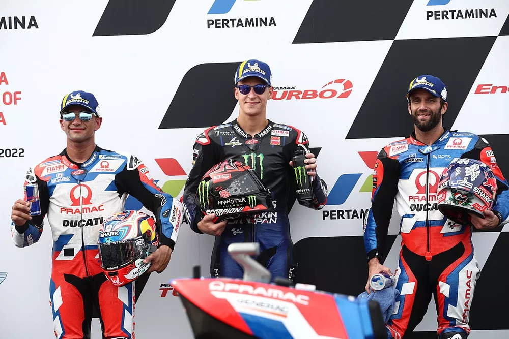 Fabio Quartararo, Yamaha Factory Racing, tweede plaats Jorge Martin, Pramac Racing, derde plaats Johann Zarco, Pramac Racing