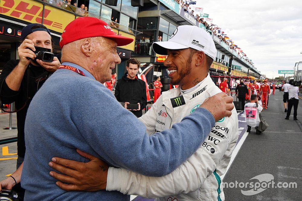 Pole sitter Lewis Hamilton, Mercedes-AMG F1 celebrates in parc ferme with Niki Lauda, Mercedes AMG F1 Non-Executive Chairman