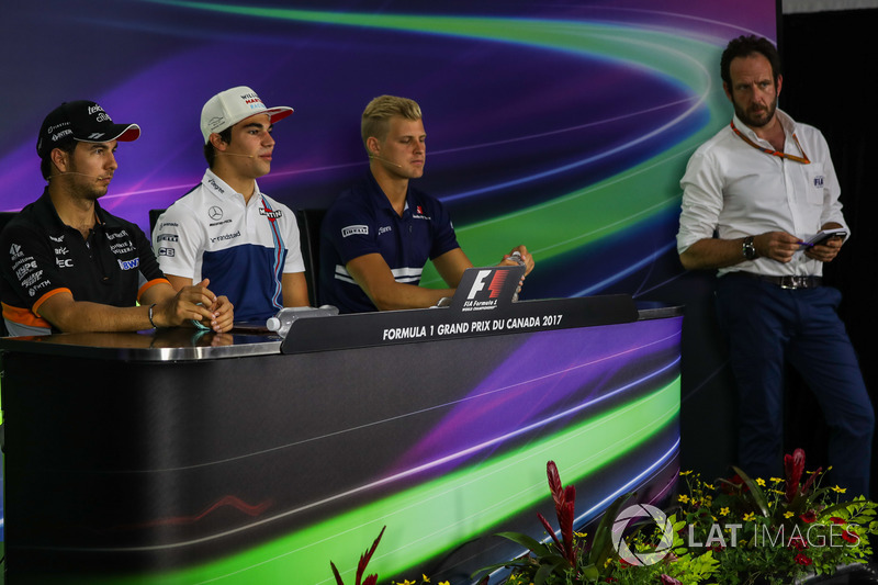 Sergio Pérez, Sahara Force India, Lance Stroll, Williams y Marcus Ericsson, Sauber en la conferencia