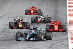 Lewis Hamilton, Mercedes AMG F1 W09, Max Verstappen, Red Bull Racing RB14, Kimi Raikkonen, Ferrari SF71H, Romain Grosjean, Haas F1 Team VF-18, Sebastian Vettel, Ferrari SF71H