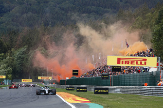 Lewis Hamilton, Mercedes AMG F1 W09, leads Sebastian Vettel, Ferrari SF71H, on the formation lap