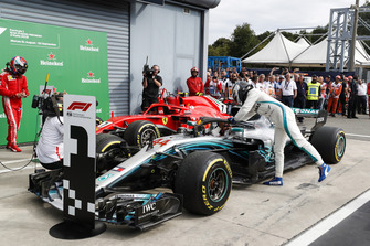 Third place Valtteri Bottas, Mercedes AMG F1 W09, congratulates race winner Lewis Hamilton, Mercedes AMG F1 W09