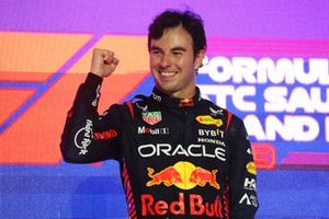 Sergio Perez, Red Bull Racing, 1st position, on the podium