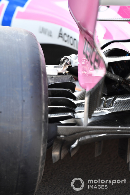A look at the outer section of the diffuser and rear brake duct fins on the Force India VJM11.