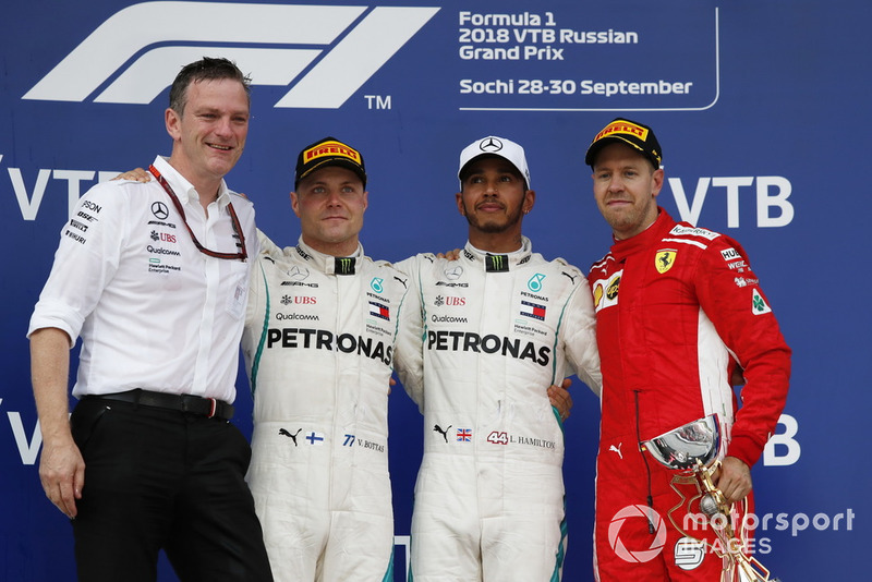 James Allison, Mercedes AMG F1 Technical Director, Valtteri Bottas, Mercedes AMG F1, Lewis Hamilton, Mercedes AMG F1 and Sebastian Vettel, Ferrari on the podium