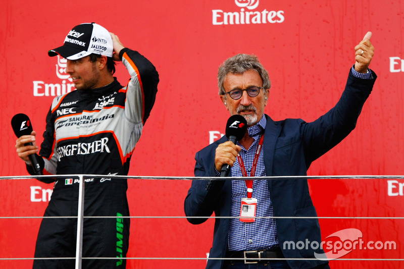 (L to R): Sergio Perez, Sahara Force India F1 on the podium with Eddie Jordan (IRE)