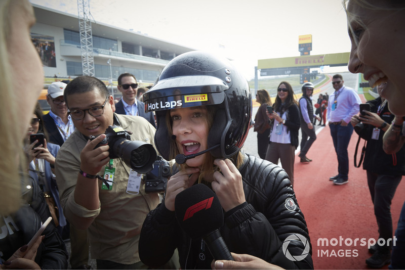 Actress Millie Bobby Brown prepares for her Pirelli Hot Lap experience with Lewis Hamilton, Mercedes AMG F1