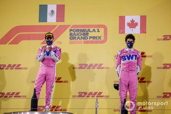 Podio: ganador de la carrera Sergio Pérez, Racing Point, tercer lugar Lance Stroll, Racing Point