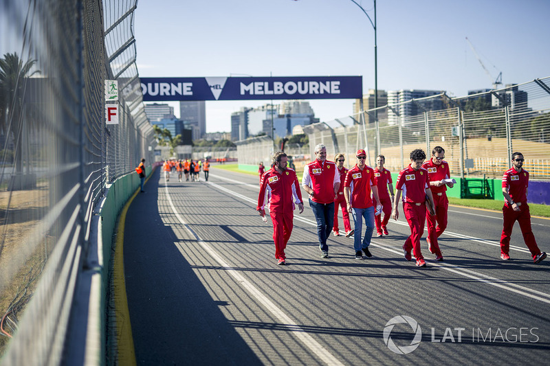 Sebastian Vettel, Ferrari walks the track with Maurizio Arrivabene, Ferrari Team Principal and Riccardo Adami, Ferrari Race Engineer