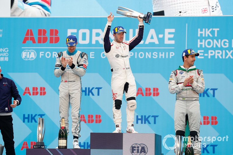 Ganador, Sam Bird, Envision Virgin Racing celebra con Edoardo Mortara, Venturi Formula E, Lucas Di Grassi, Audi Sport ABT Schaeffler