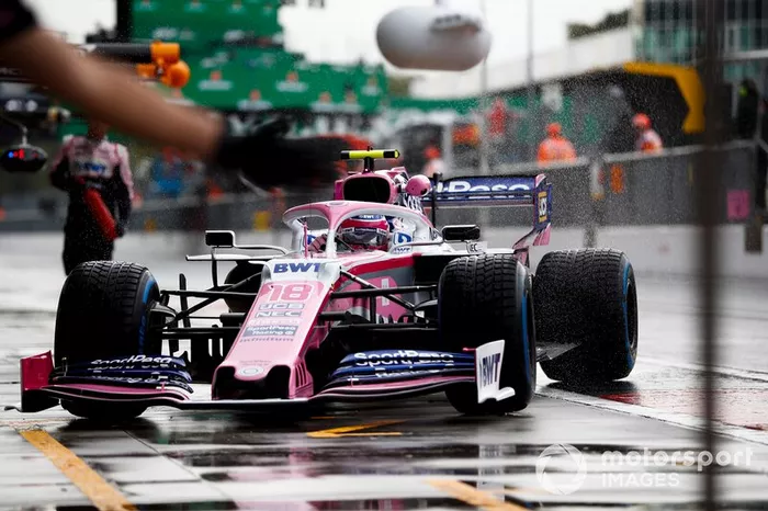 Lance Stroll, Racing Point RP19, durante una práctica de pitstop