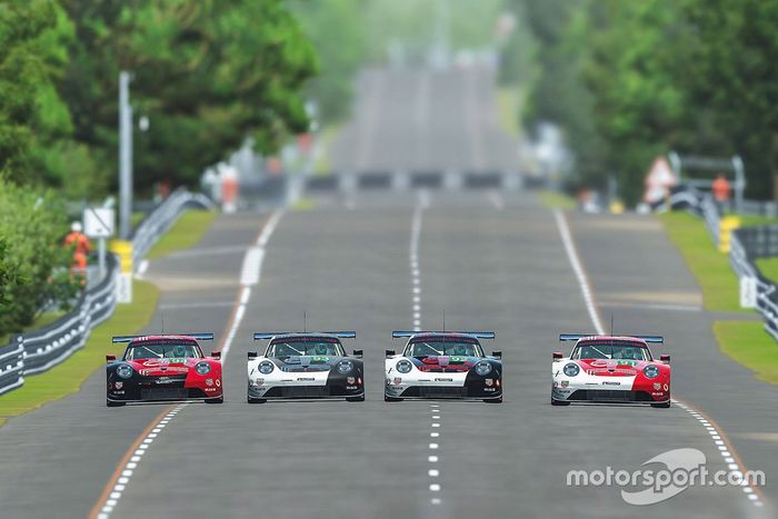 #91 Porsche Esports Team Porsche 911 RSR: André Lotterer, Neel Jani, Mitchell Dejong, Martti Pietilä, #92 Porsche Esports Team Porsche 911 RSR: Jaxon Evans, Matt Campbell, Mack Bakkum, Jeremy Bouteloup, #93 Porsche Esports Team Porsche 911 RSR: Nick Tandy, Ayhancan Güven, Joshua Rogers, Tommy Ostgaard, #94 Porsche Esports Team Porsche 911 RSR: Patrick Pilet, Simona De Silvestro, Martin Krönke, David Williams