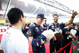 Max Verstappen, Red Bull Racing, and Daniel Ricciardo, Red Bull Racing, with puppets