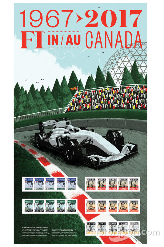 Sello de correos de Sir Jackie Stewart, Gilles Villeneuve, Ayrton Senna, Michael Schumacher, Lewis Hamilton