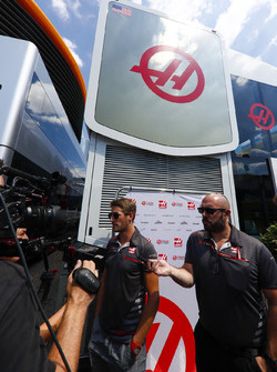 Romain Grosjean, Haas F1 Team, talks to the media