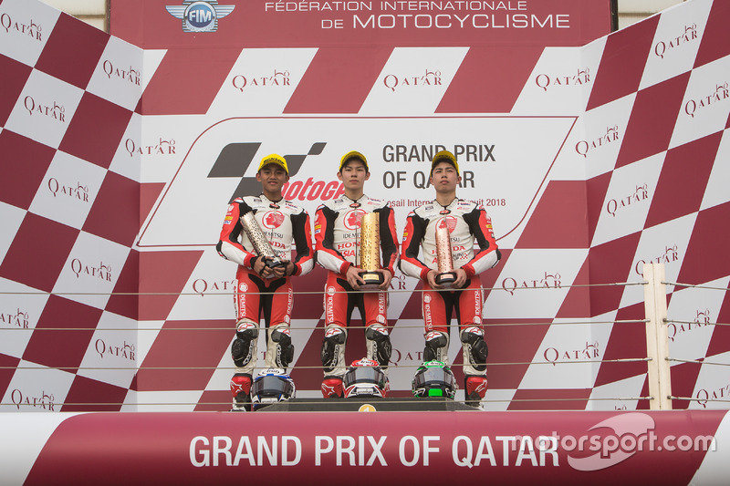 Podium Race 1 Asia Talent Cup Qatar: #7 Mario Suryo Aji, #9 Haruki Noguchi, #3 Sho Nishimura